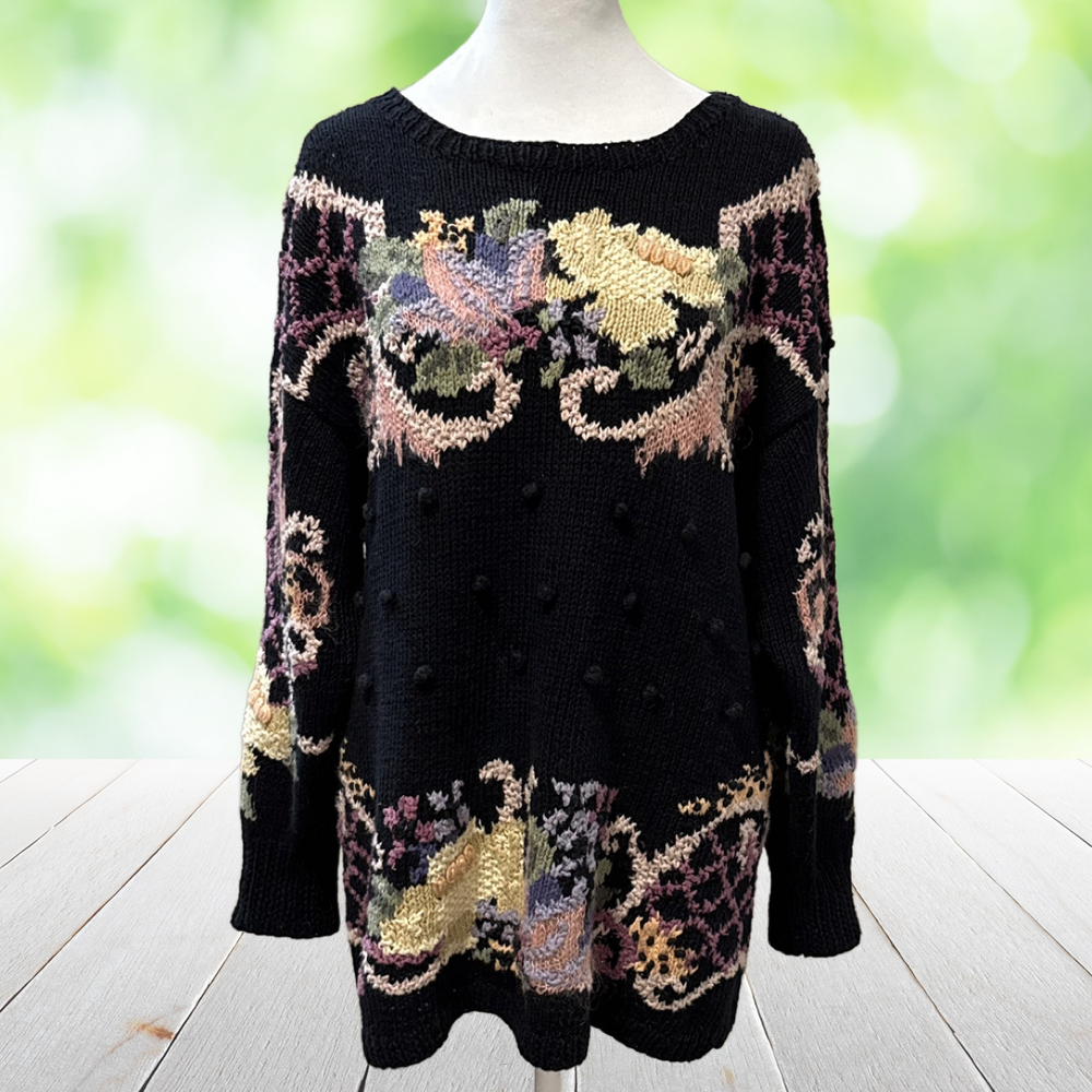Vintage 90s Handknit Sweater Embroidered Floral Bobble Intarsia Size M